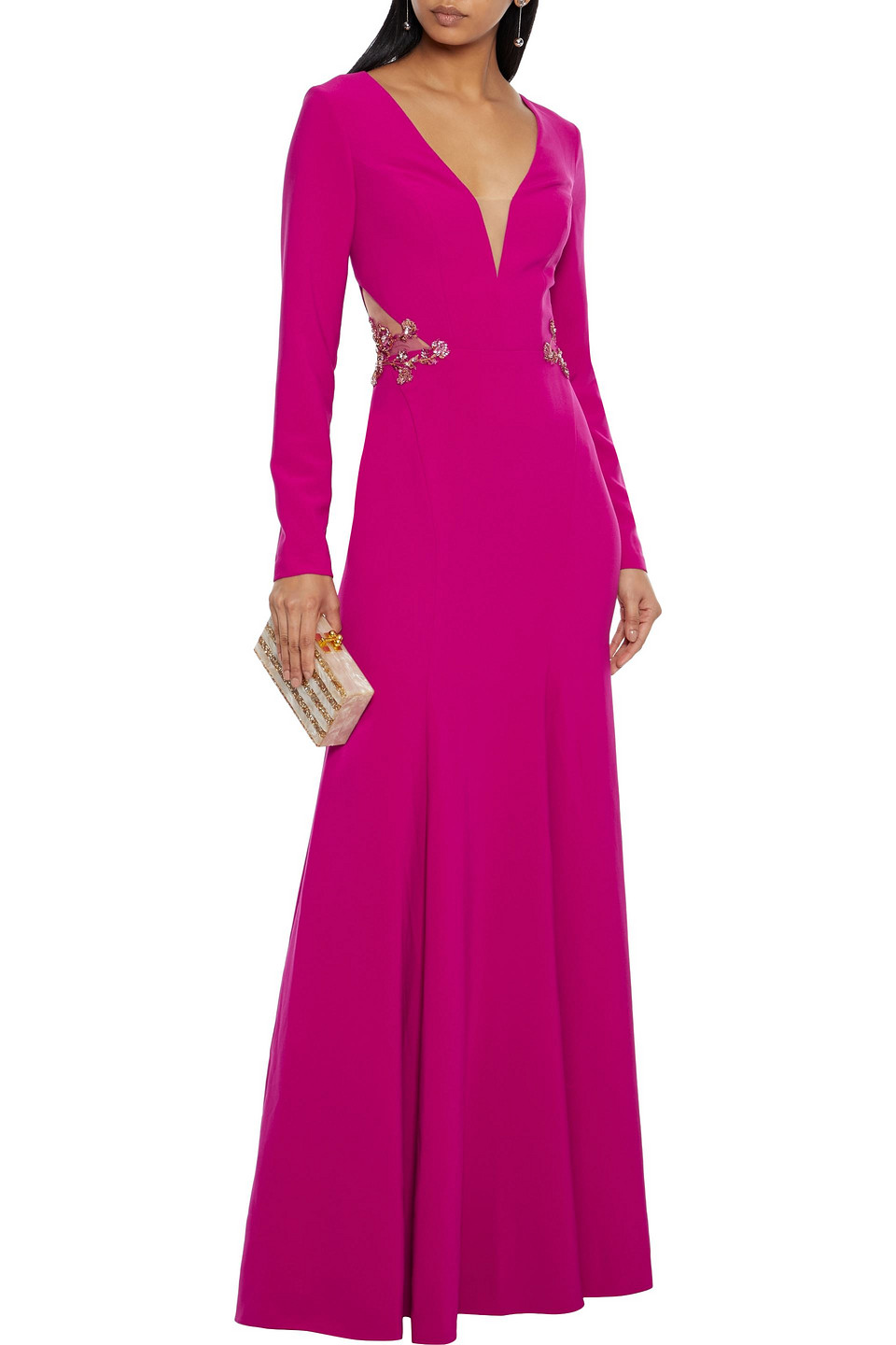 Marchesa Notte Open-back Embellished Tulle-trimmed Crepe Gown In Magenta