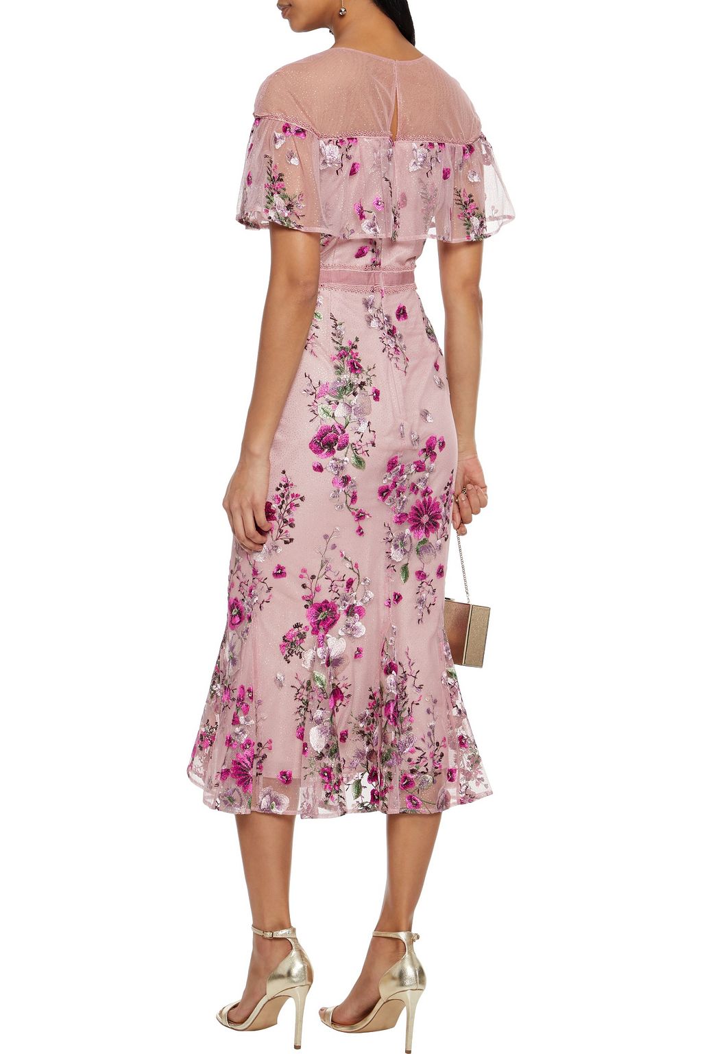 MARCHESA NOTTE Cape-effect embroidered glittered tulle midi dress