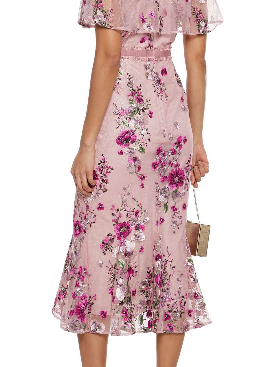 cape-effect embroidered glittered tulle midi dress