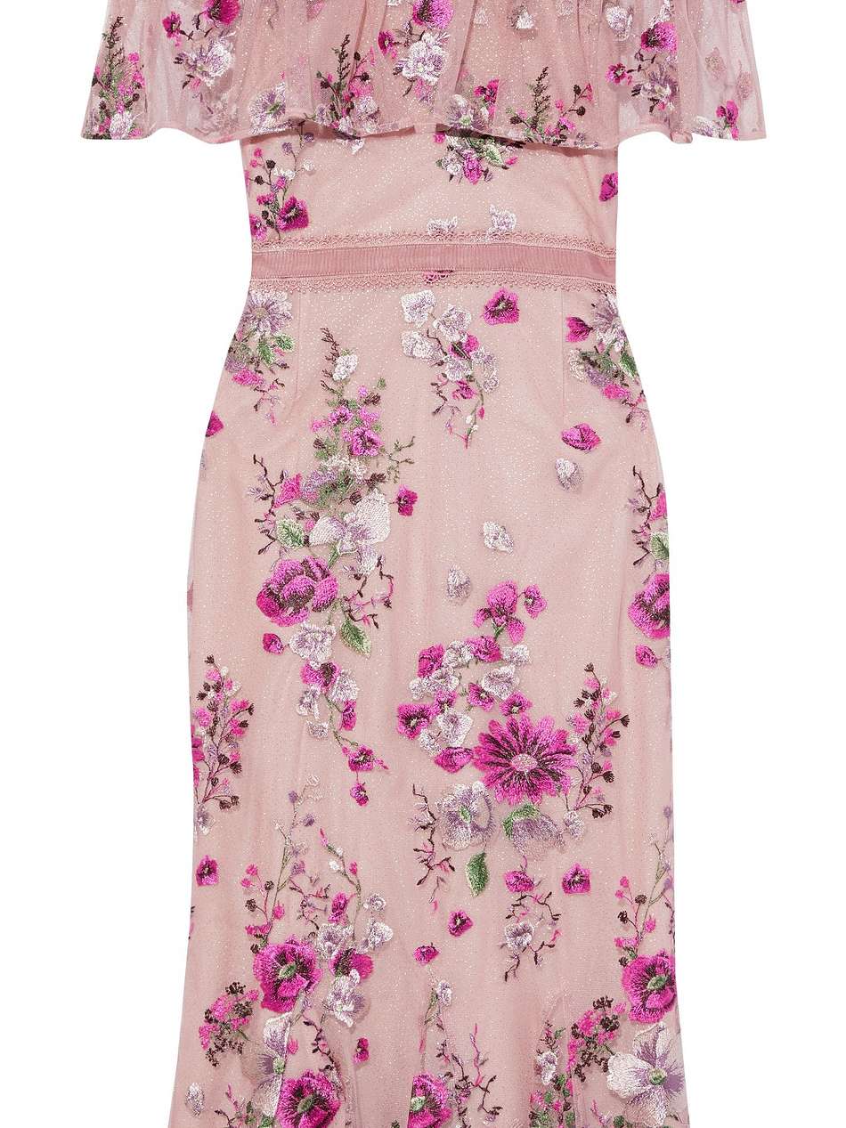 cape-effect embroidered glittered tulle midi dress