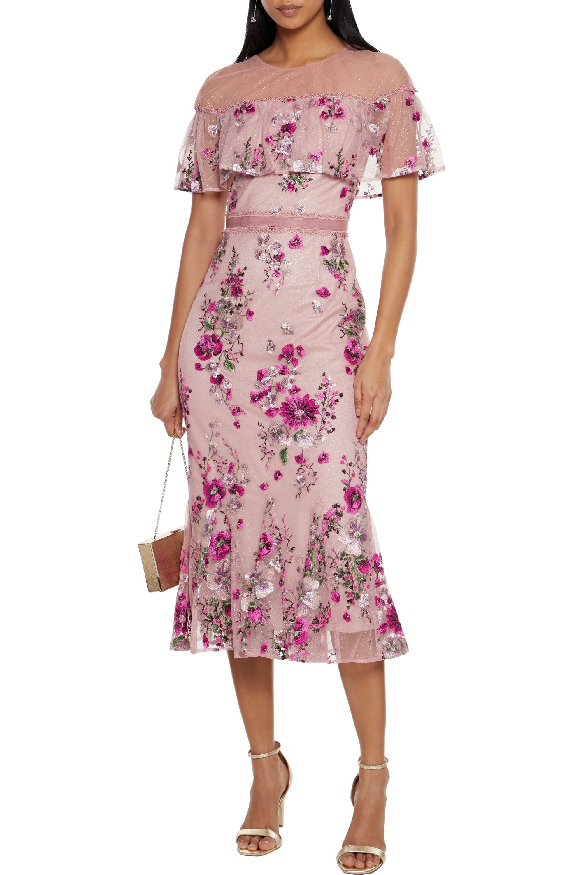 MARCHESA NOTTE Cape-effect embroidered glittered tulle midi dress