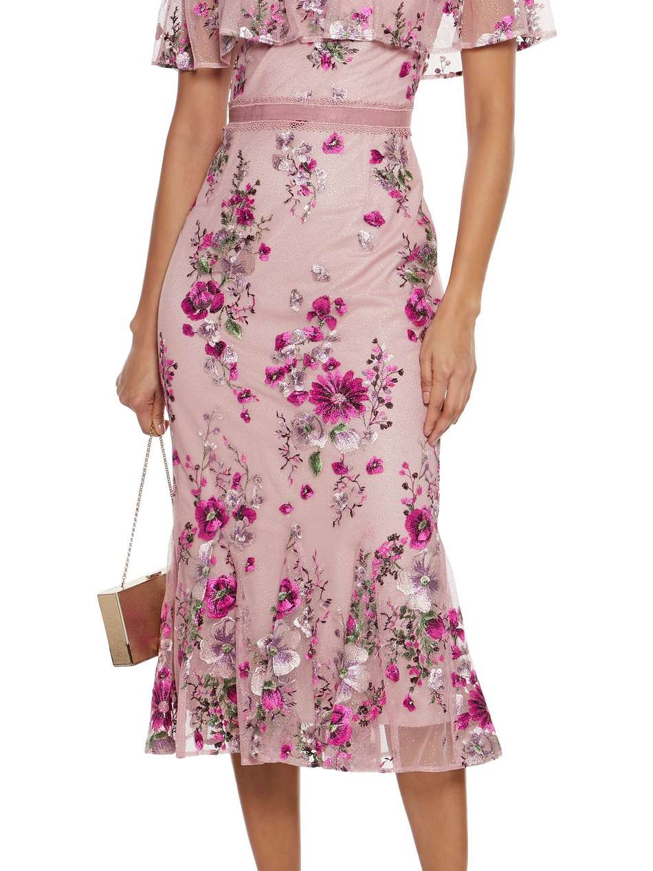 cape-effect embroidered glittered tulle midi dress