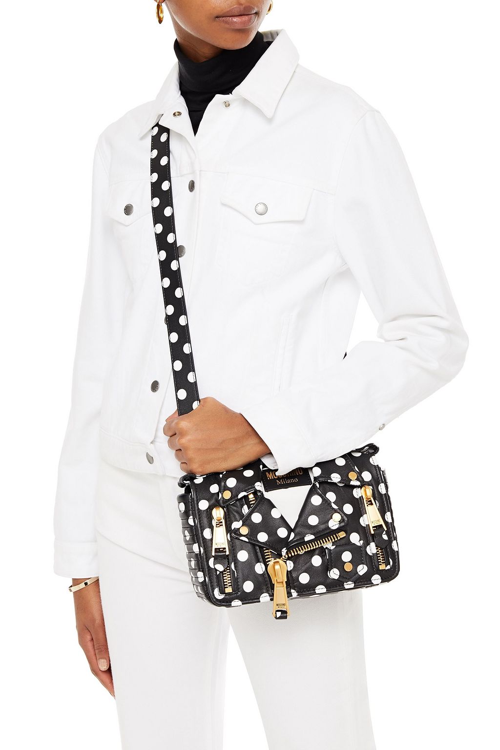 MOSCHINO Embellished polka-dot quilted leather shoulder bag