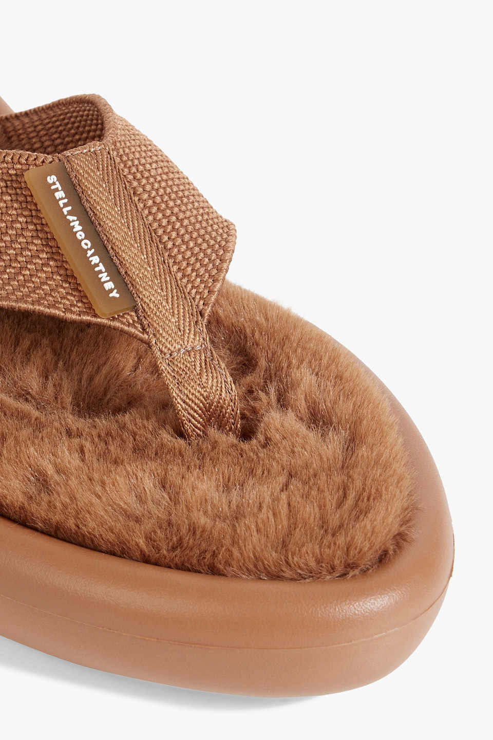 Stella Mccartney Air Slide Faux Fur-lined Canvas Flip Flops In Camel