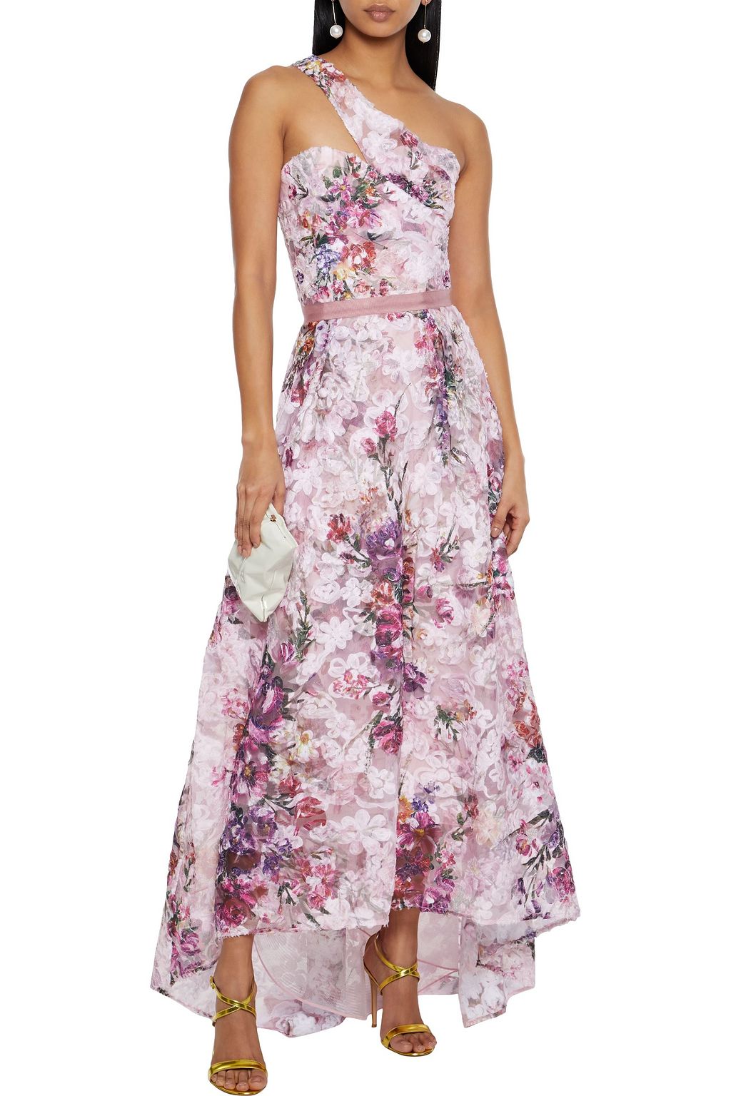 MARCHESA NOTTE One-shoulder floral-appliquéd tulle gown