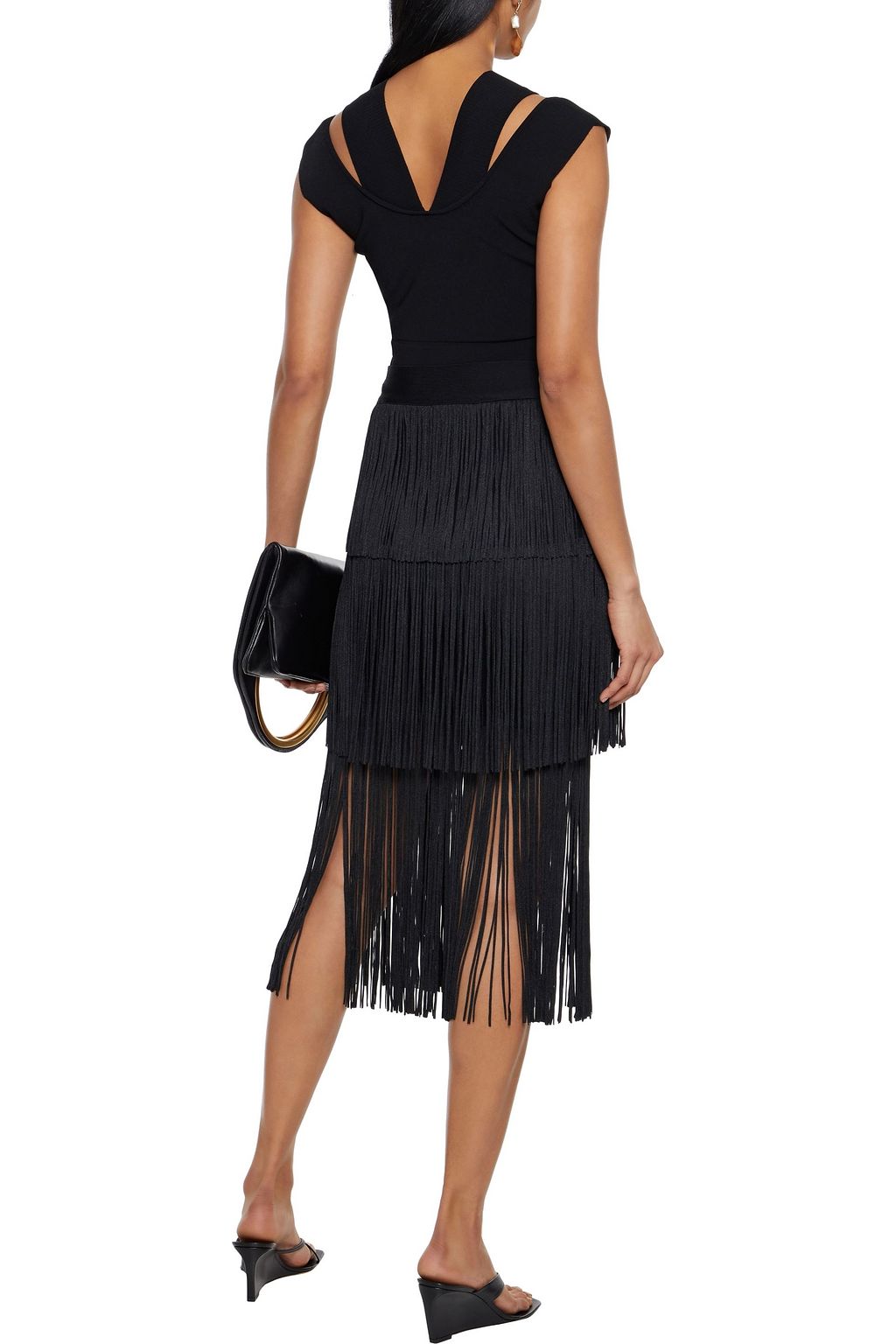 HERVÉ LÉGER Tiered fringed bandage midi skirt