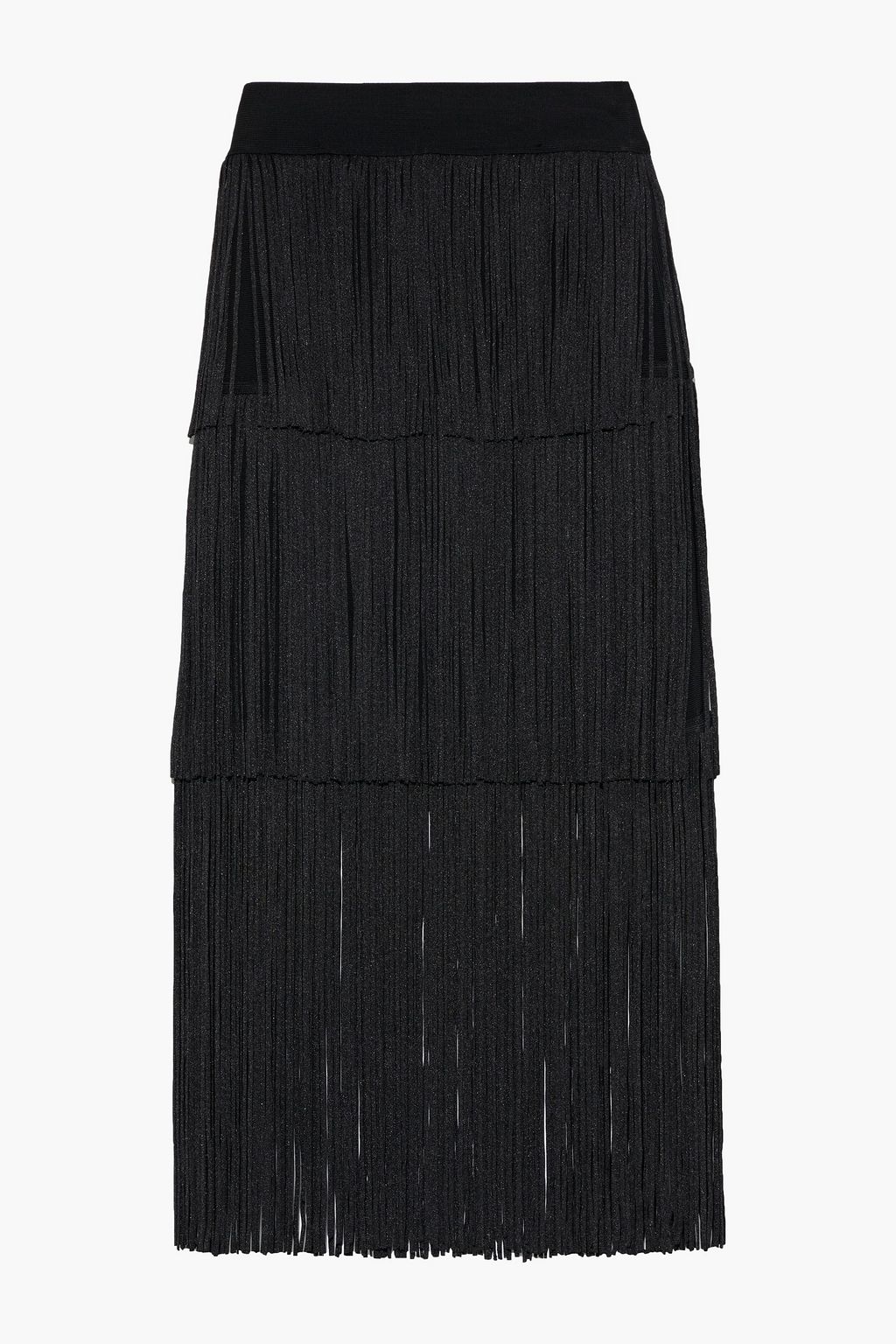 black tiered fringe mini skirt