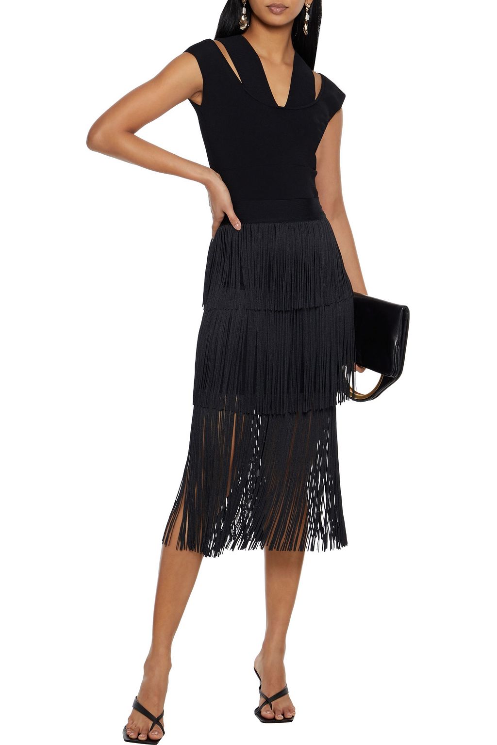 HERVÉ LÉGER Tiered fringed bandage midi skirt