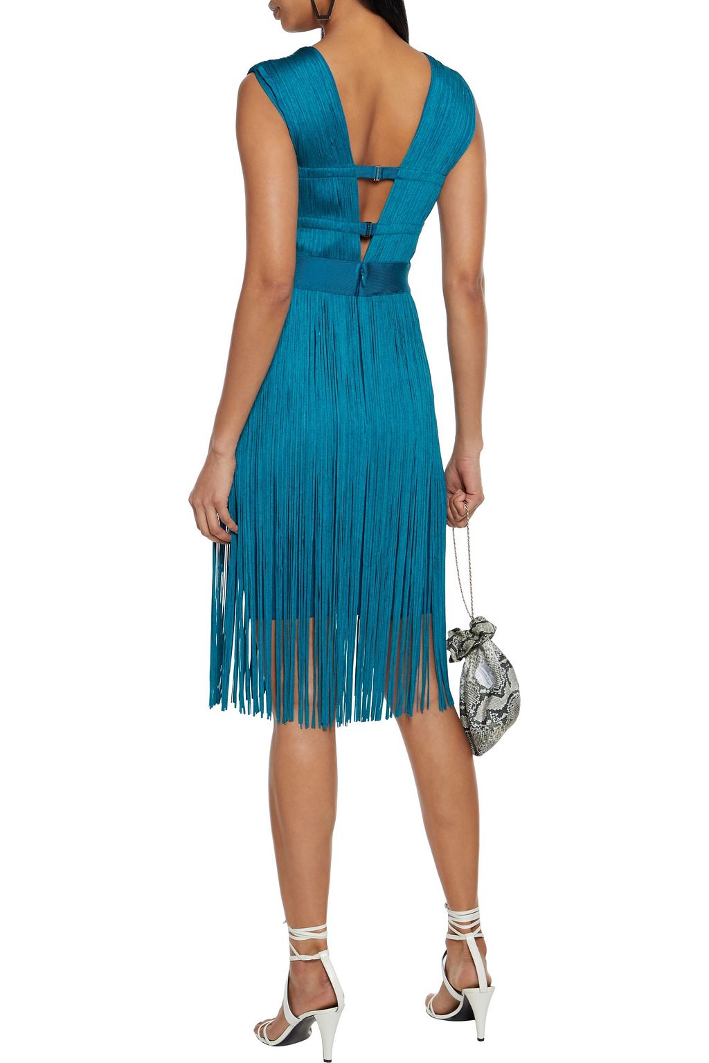 HERVÉ LÉGER Cutout fringed bandage mini dress
