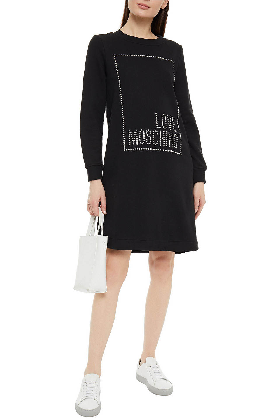 Love Moschino Studded French Cotton-terry Mini Dress In Black