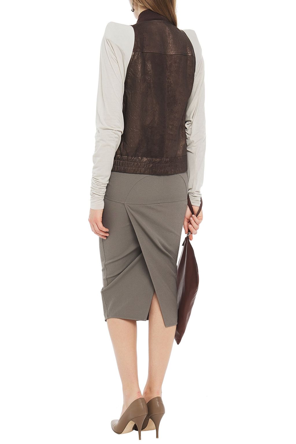 RICK OWENS Jersey-paneled metallic brushed-leather jacket