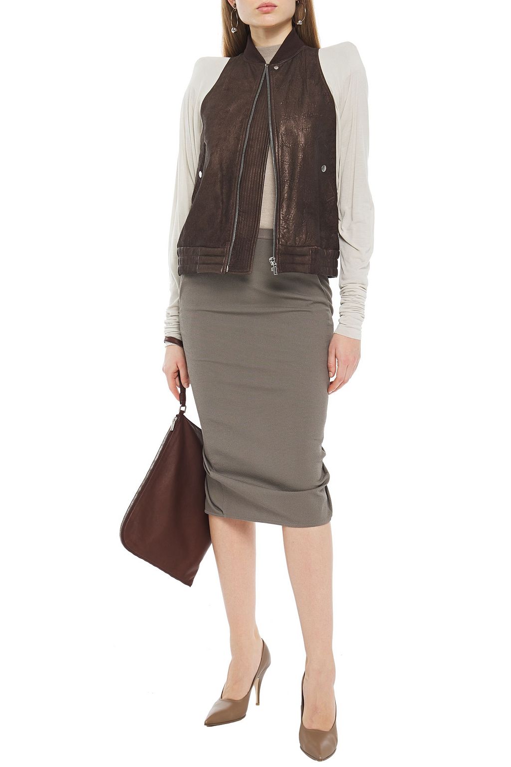 RICK OWENS Jersey-paneled metallic brushed-leather jacket