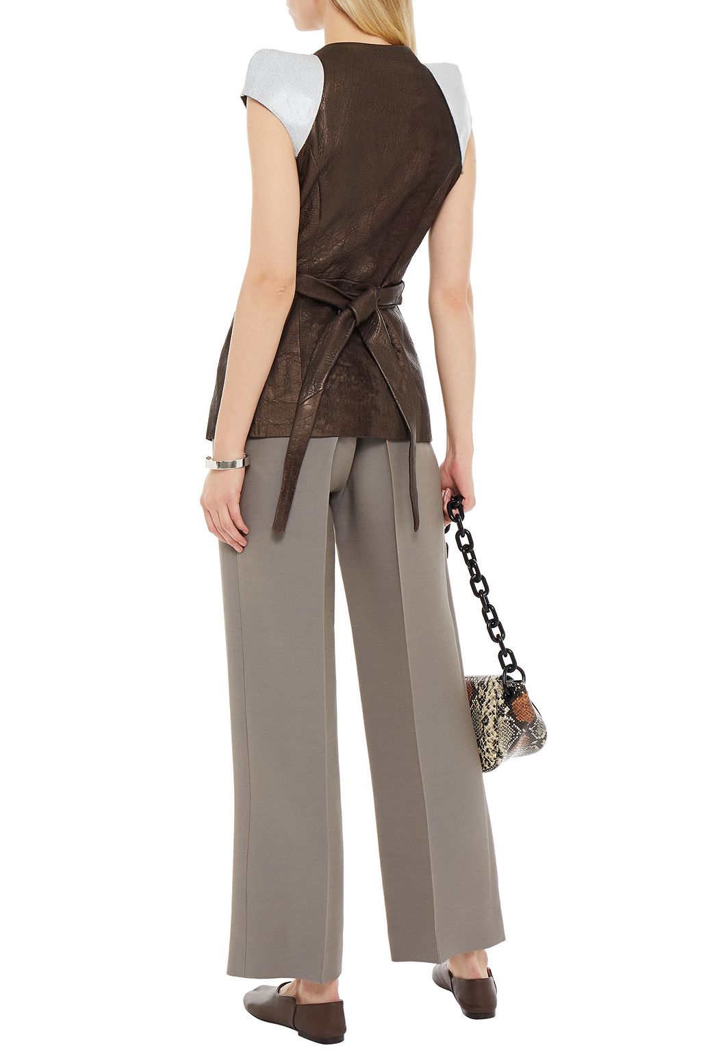 RICK OWENS Denim-trimmed metallic leather wrap jacket