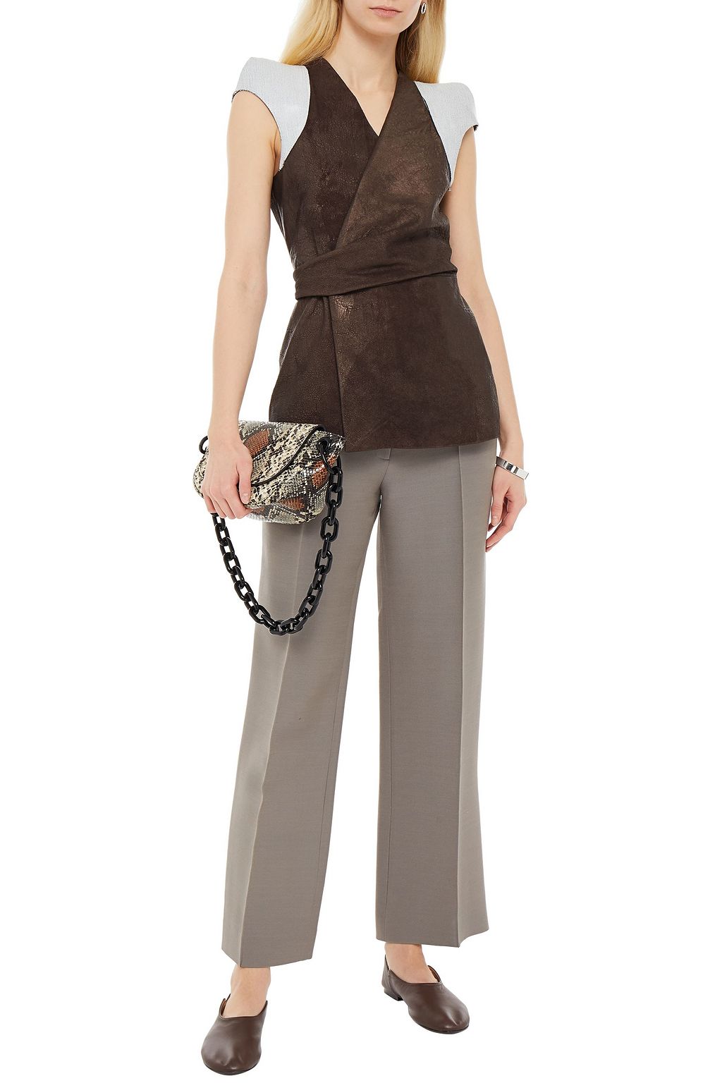 RICK OWENS Denim-trimmed metallic leather wrap jacket