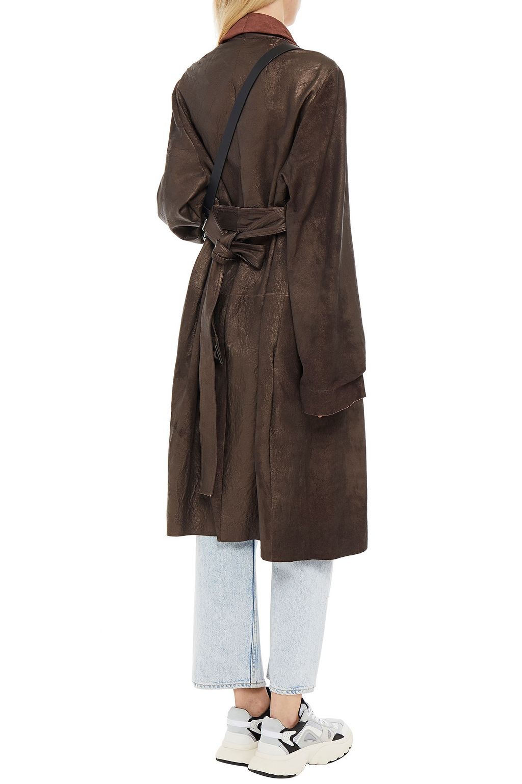 RICK OWENS Belted metallic leather coat