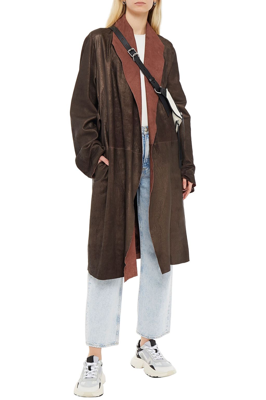 RICK OWENS Belted metallic leather coat