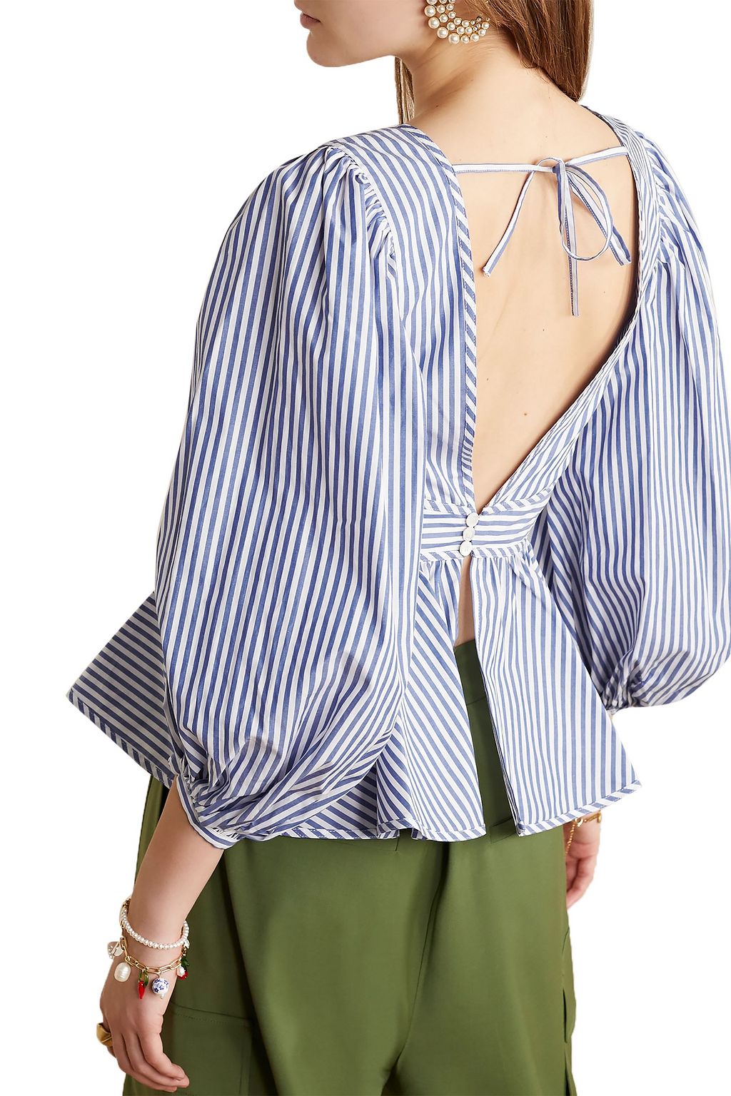 STAUD Luna striped cotton-poplin peplum top