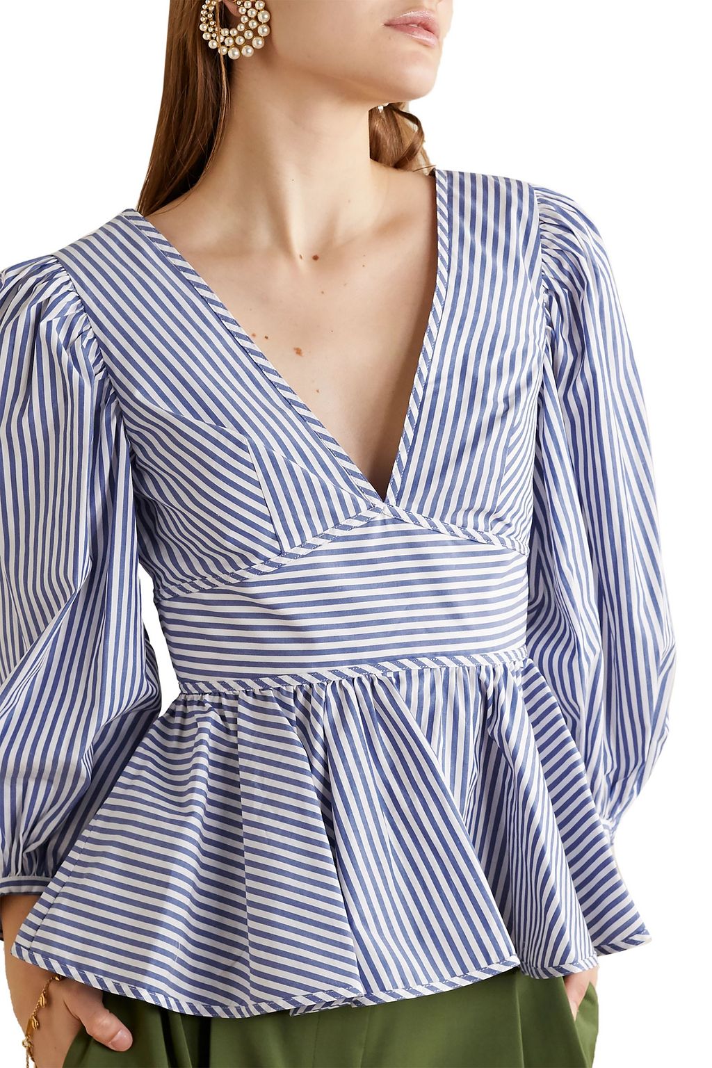 STAUD Luna striped cotton-poplin peplum top