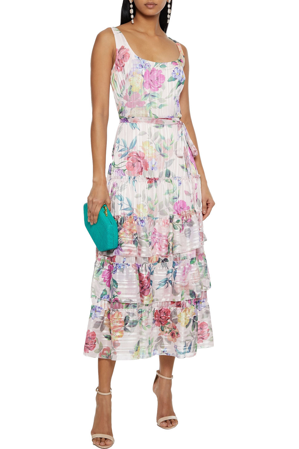 Shop Marchesa Notte Tiered Floral print Metallic Jacquard Midi Dress In Baby Pink