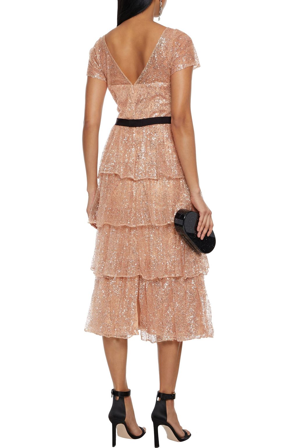 MARCHESA NOTTE Tiered glittered tulle midi dress