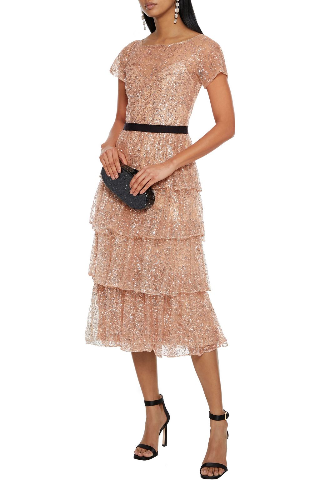MARCHESA NOTTE Tiered glittered tulle midi dress