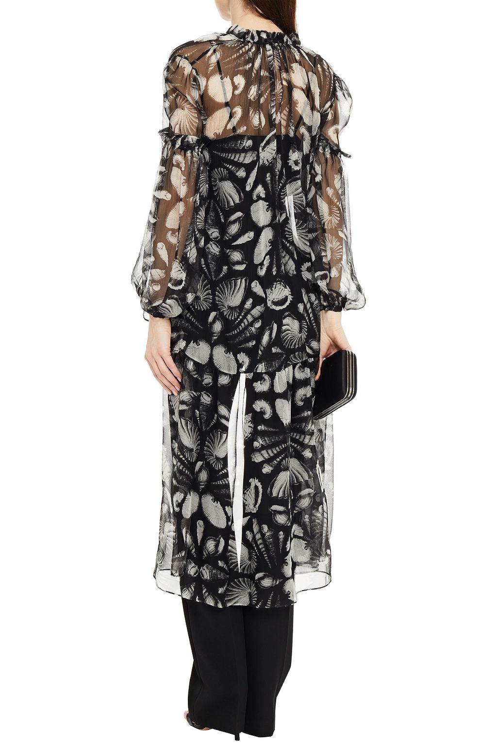 MCQUEEN Asymmetric ruffle-trimmed printed silk-georgette blouse