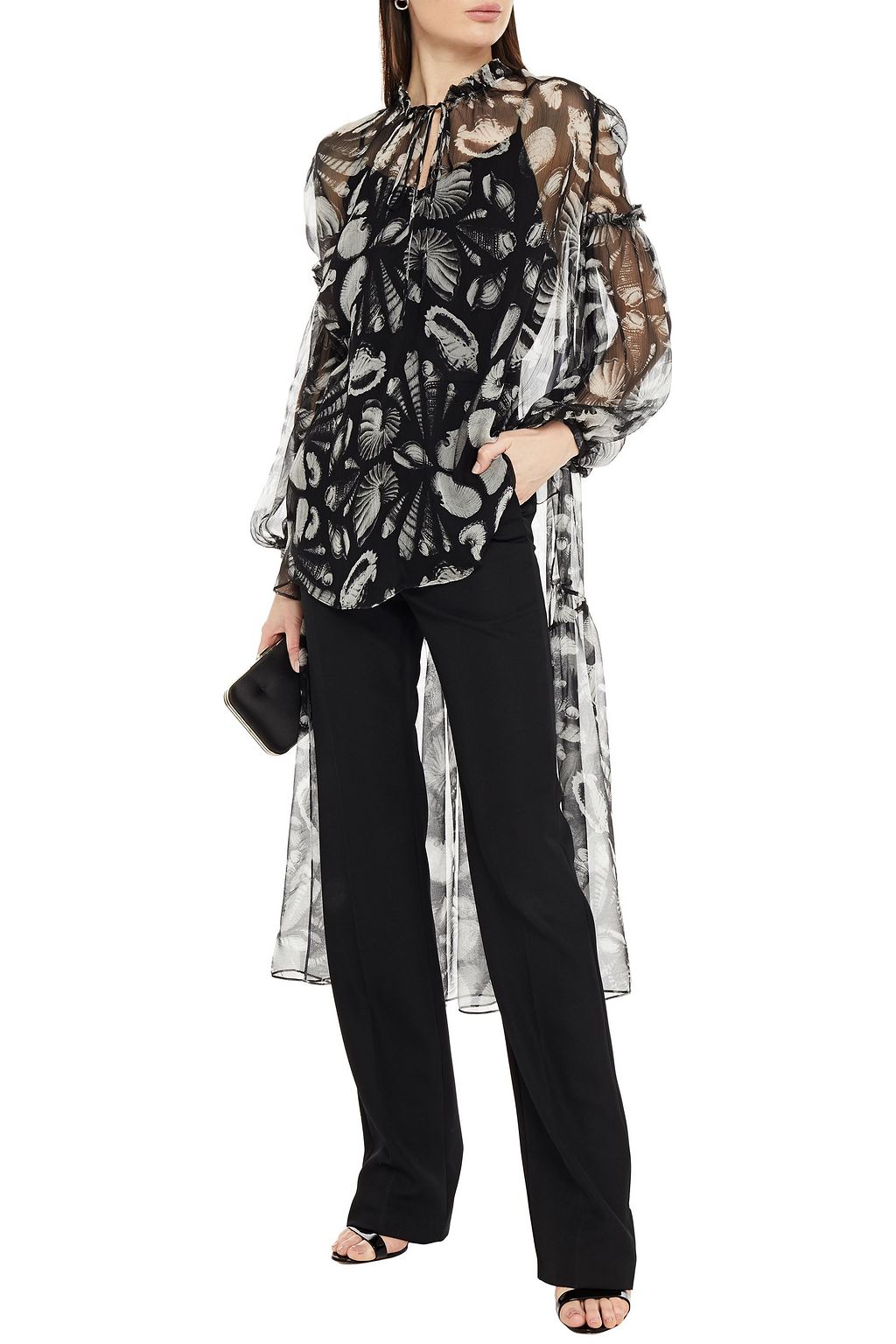 MCQUEEN Asymmetric ruffle-trimmed printed silk-georgette blouse