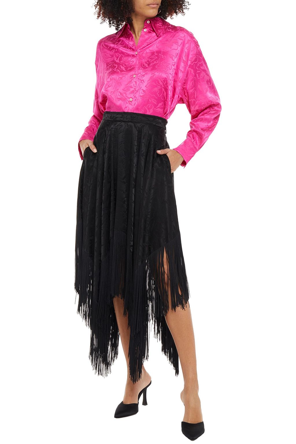 MSGM Fringed floral-jacquard midi skirt