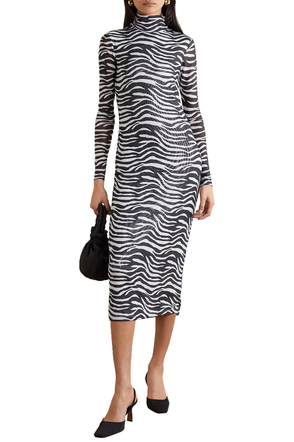 STAUD Brae zebra-print stretch-mesh turtleneck midi dress