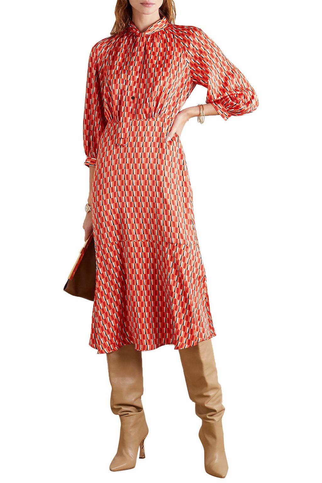 CEFINN Daria pussy-bow printed satin midi dress
