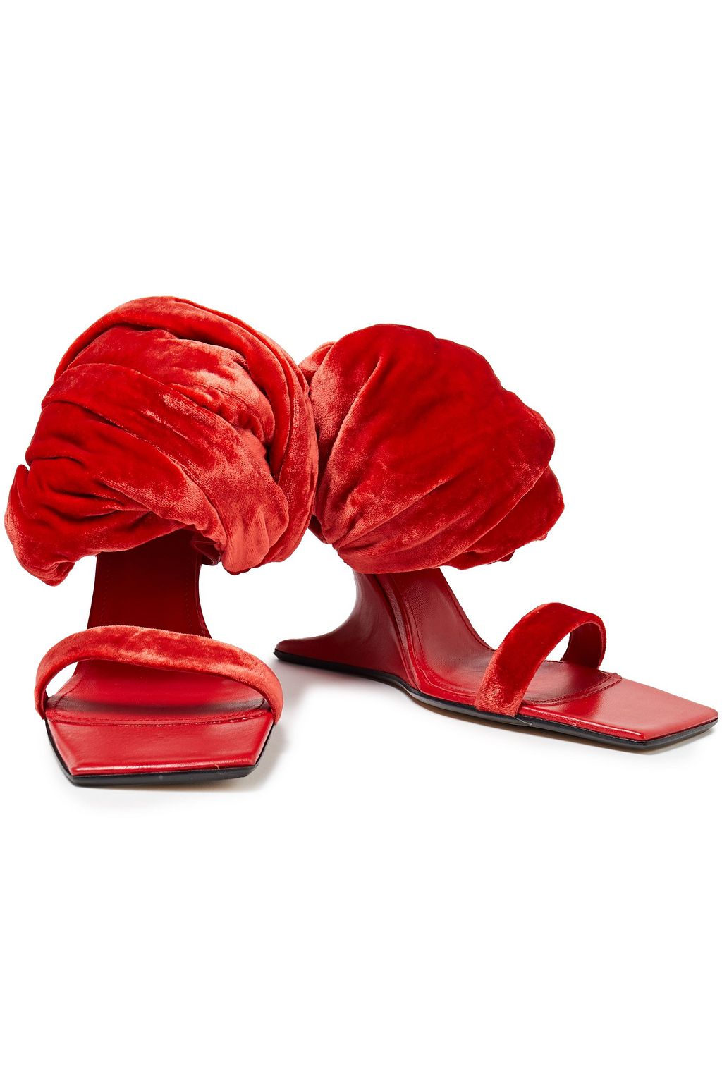 RICK OWENS Gathered velvet and leather wedge mules
