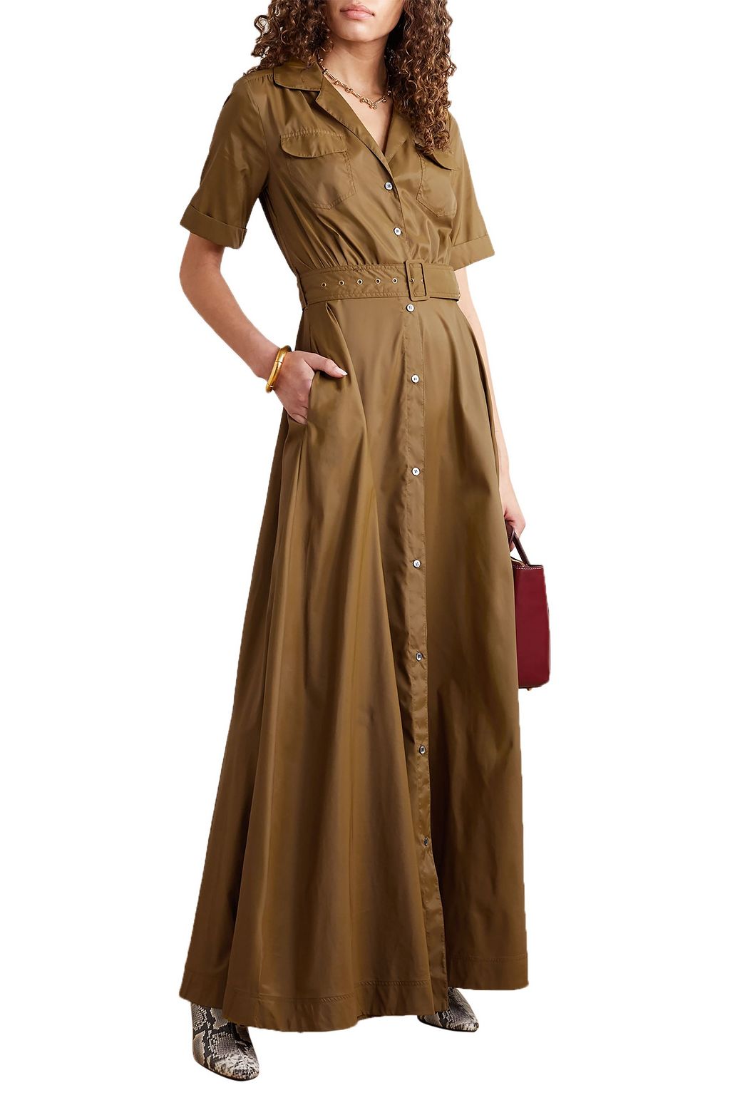 STAUD Millie belted  taffeta maxi shirt dress