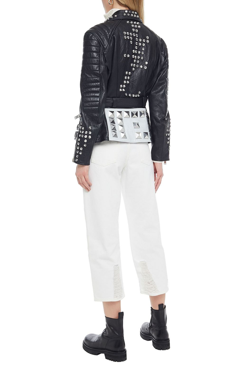 MCQUEEN Belted studded two-tone leather jacket