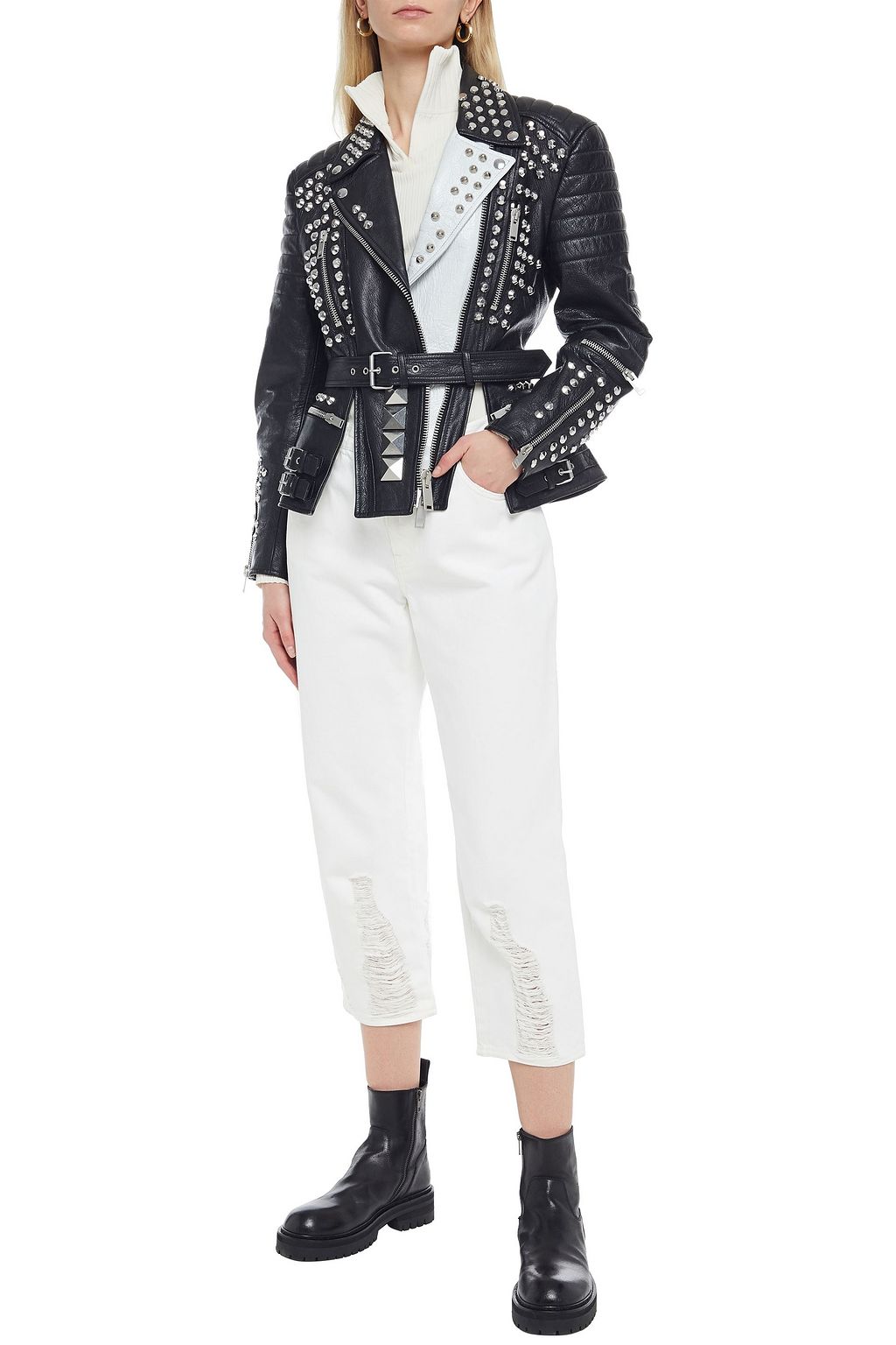 MCQUEEN Belted studded two-tone leather jacket
