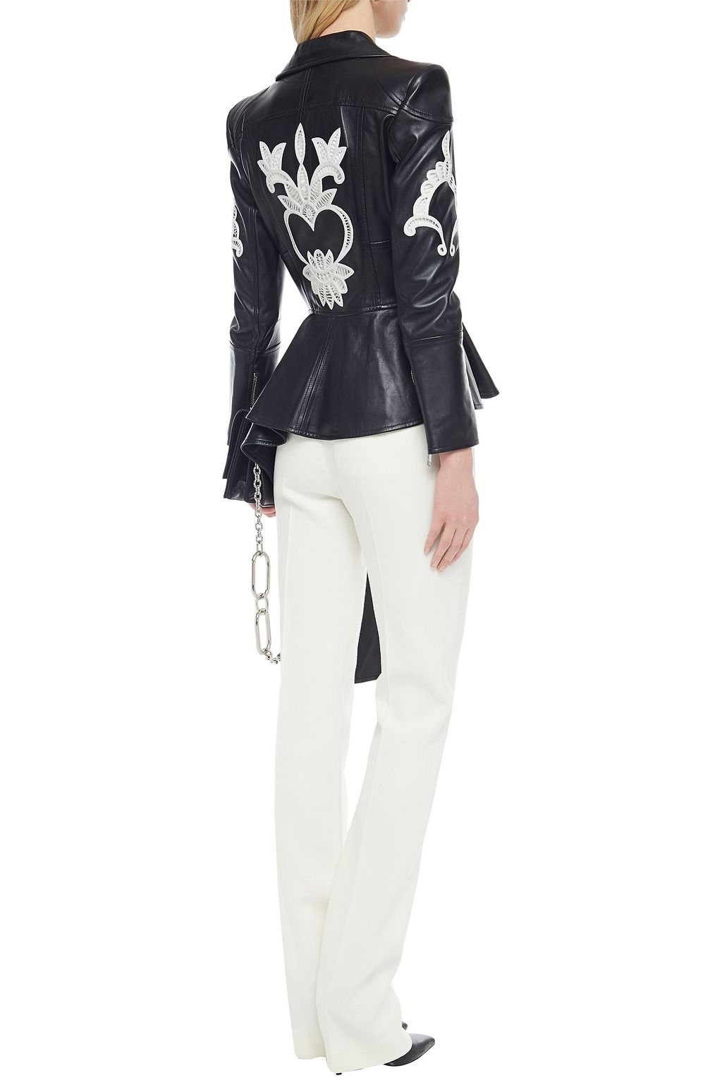 MCQUEEN Embroidered draped leather jacket