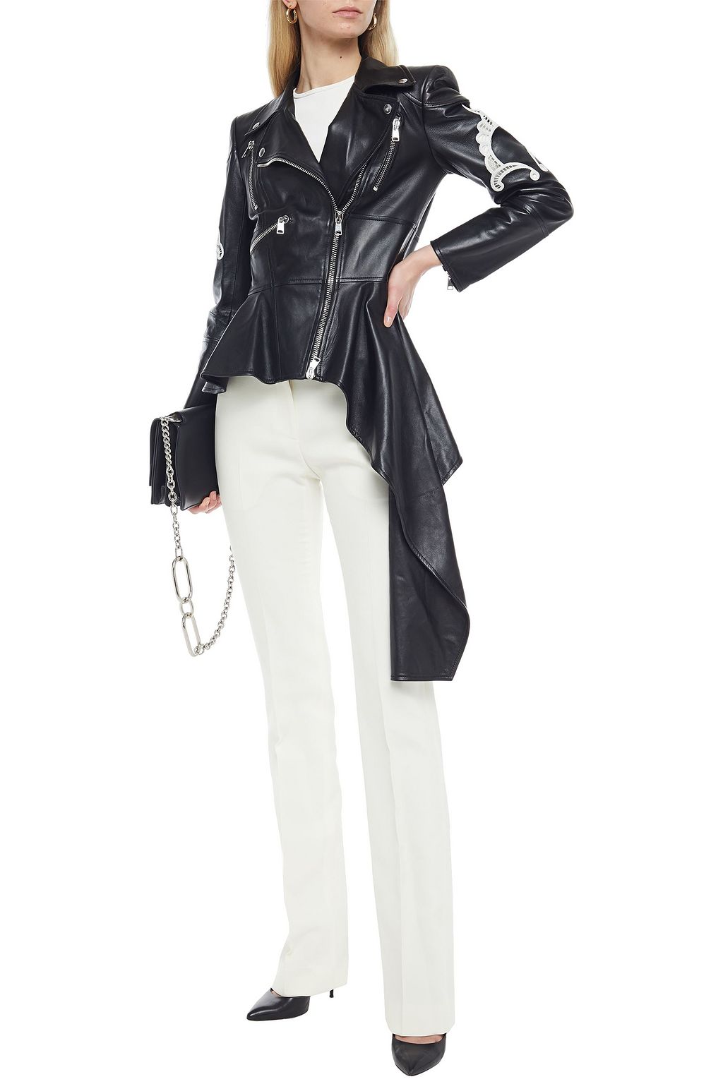 MCQUEEN Embroidered draped leather jacket