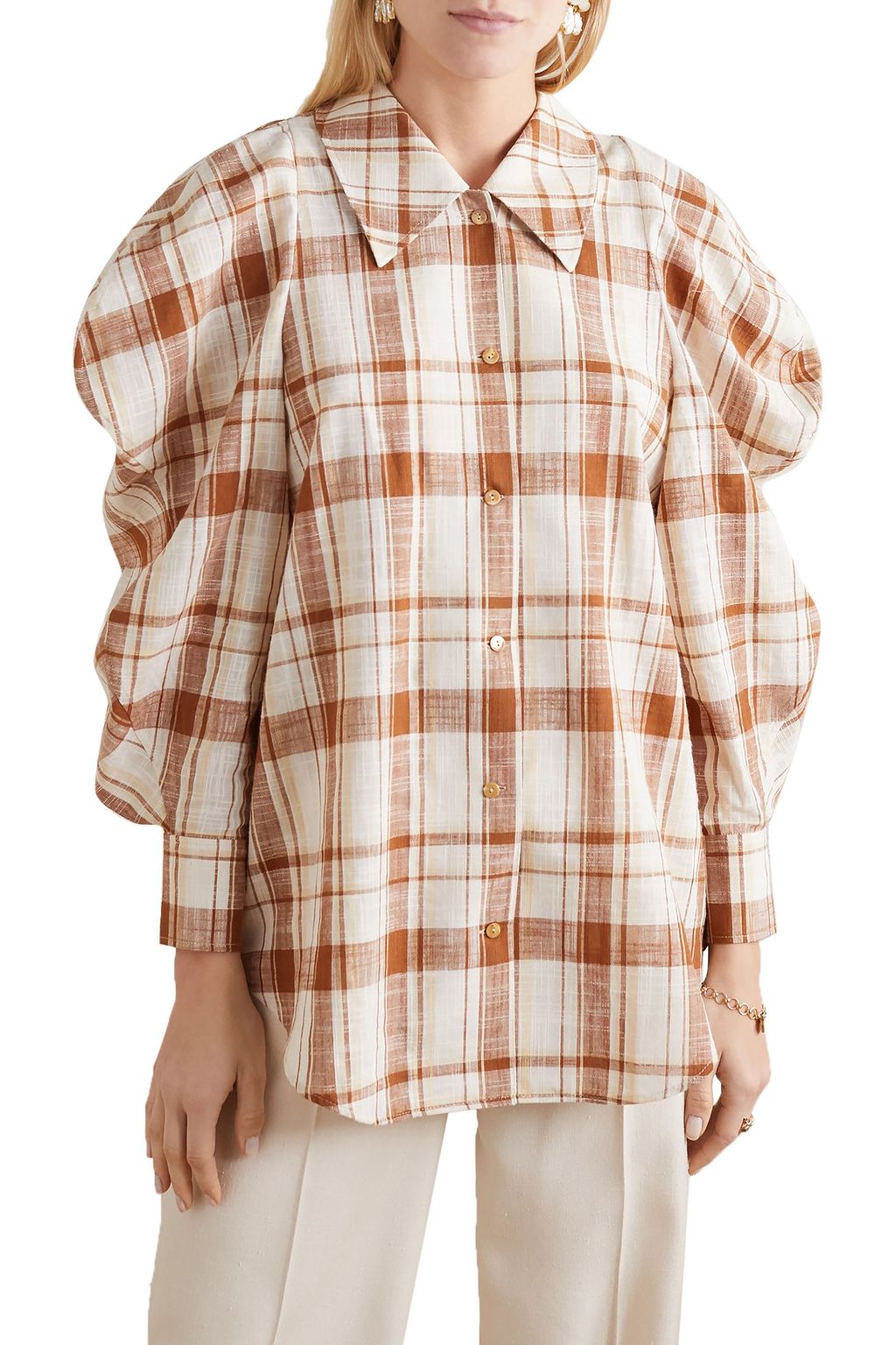 REJINA PYO Julia oversized checked cotton and linen-blend shirt