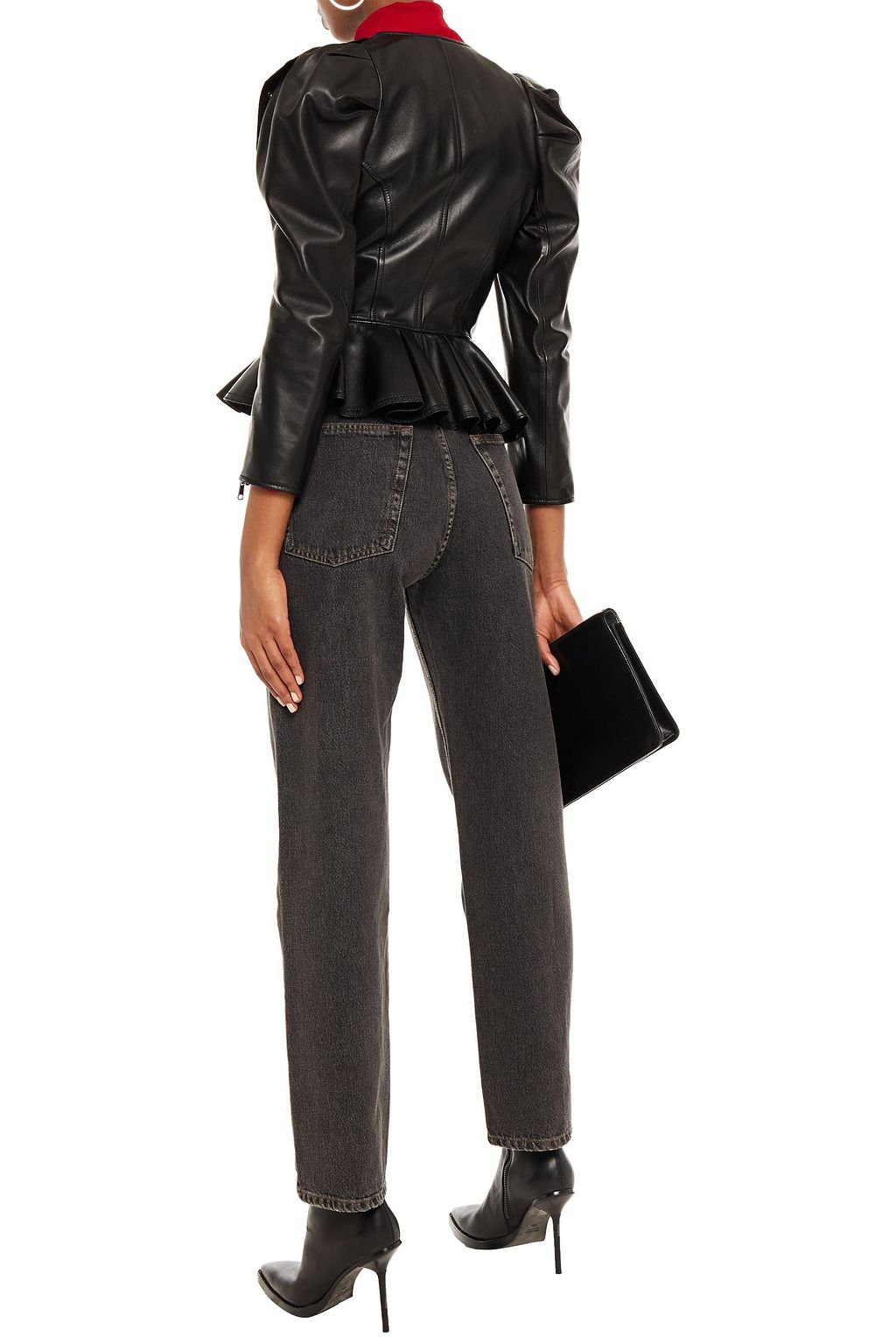 MCQUEEN Snap-detailed belted leather peplum jacket