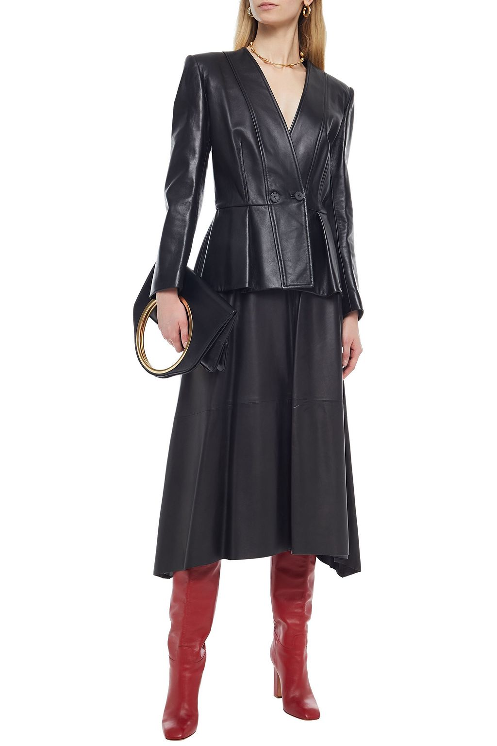 MCQUEEN Double-breasted leather peplum jacket