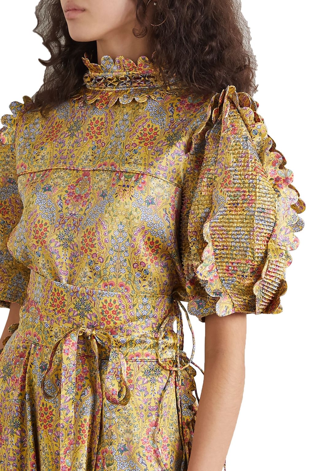 HORROR VACUI Elinor scalloped pintucked floral-print silk-satin blouse