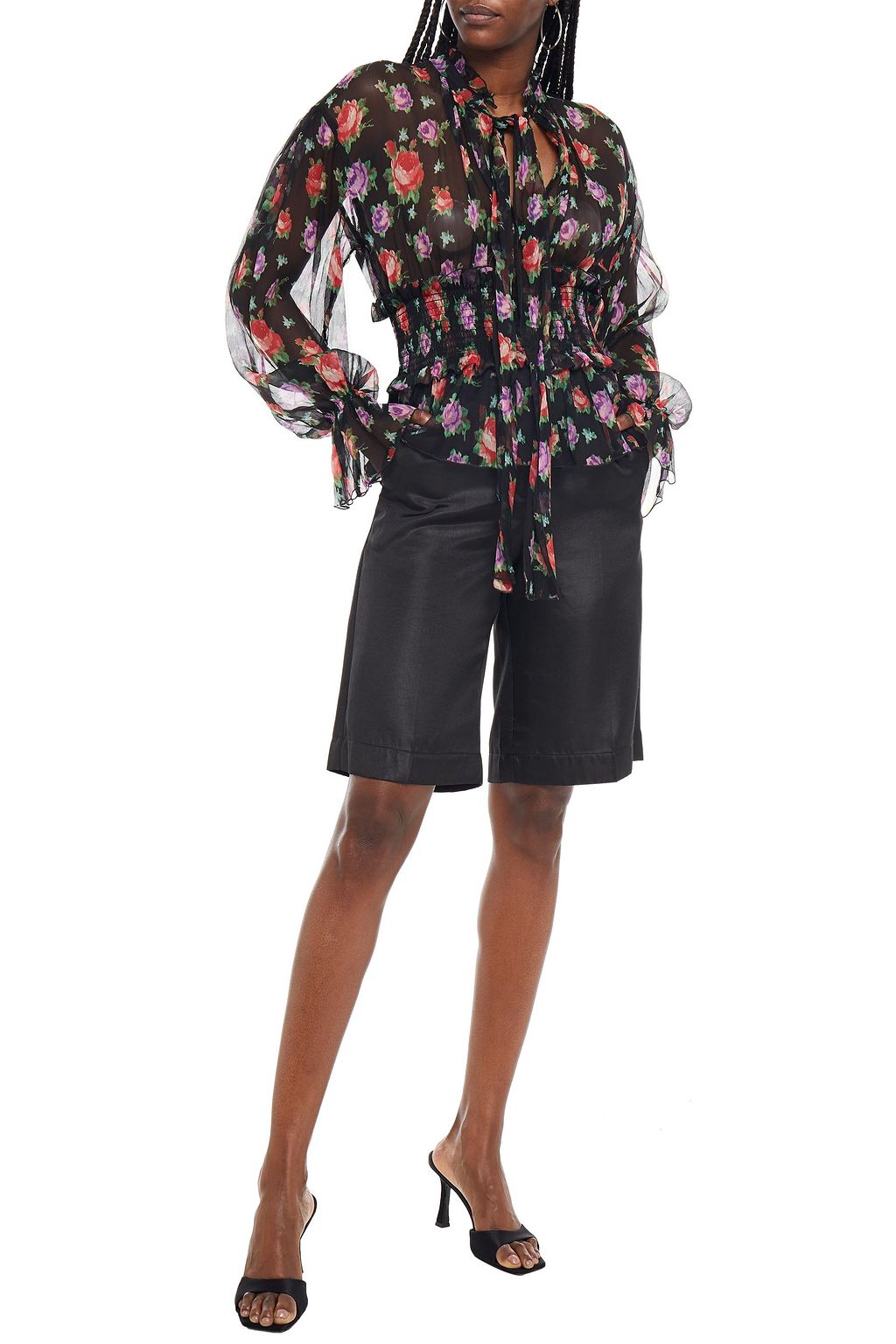 MSGM Shirred floral-print silk-georgette blouse