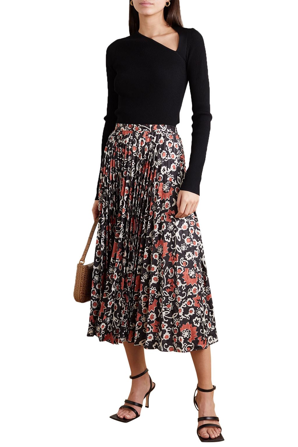 SALONI Kim pleated floral-print satin-jacquard midi skirt
