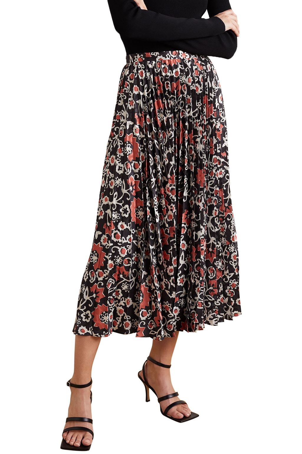 SALONI Kim pleated floral-print satin-jacquard midi skirt