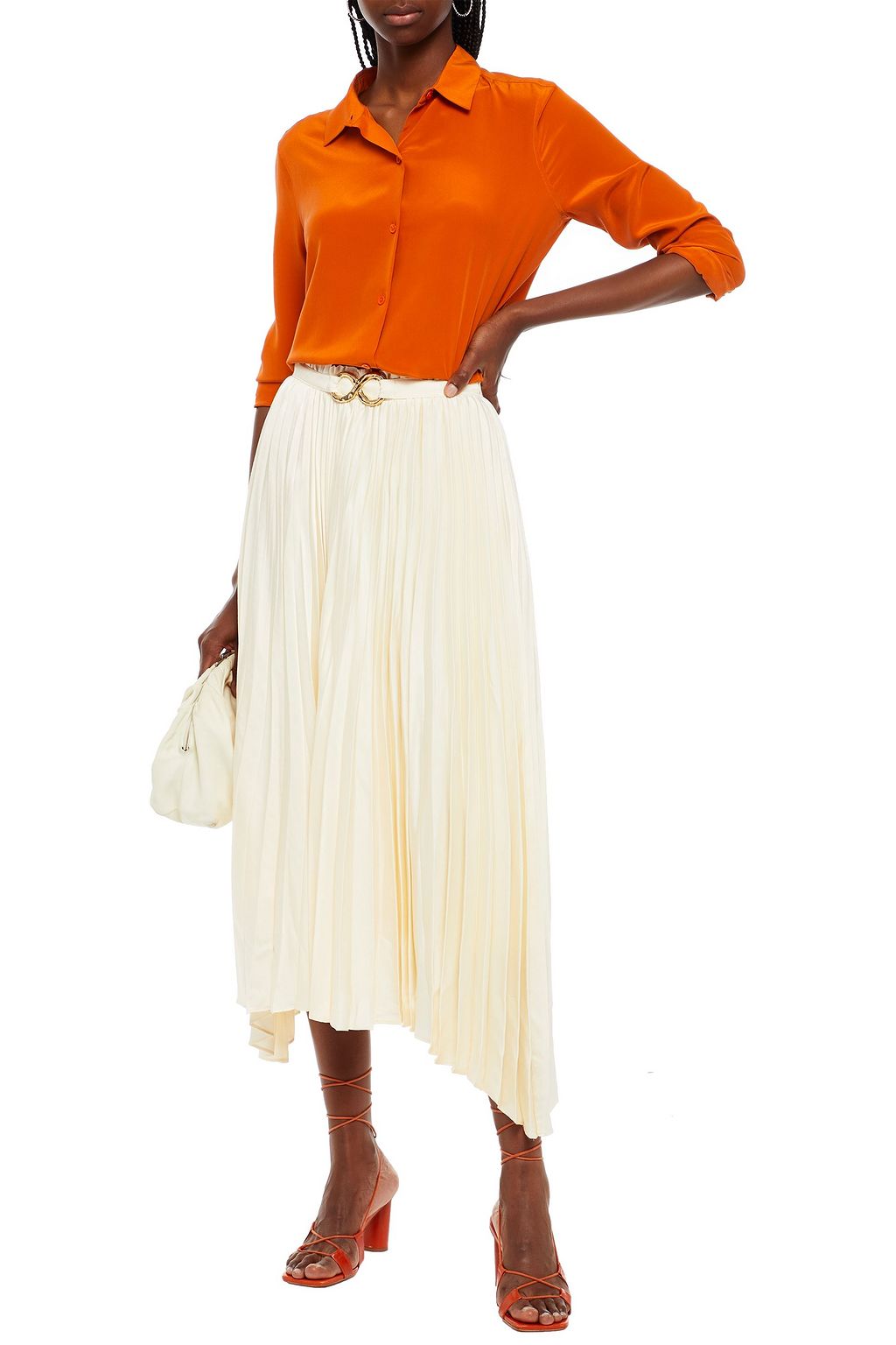 REJINA PYO Kiera belted pleated satin midi skirt