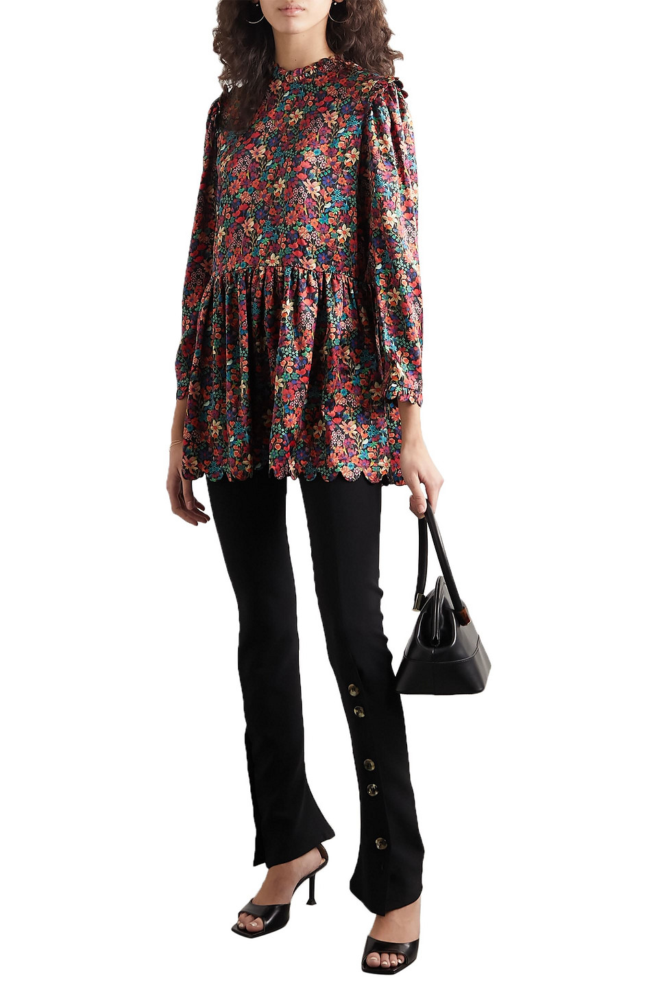 Horror Vacui Mia Scalloped Floral-print Silk Tunic In Black