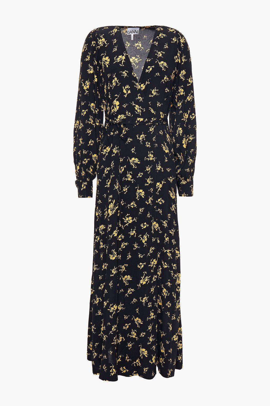 Black Floral-print crepe midi wrap dress | Sale up to 70% off | THE OUTNET  | GANNI | THE OUTNET