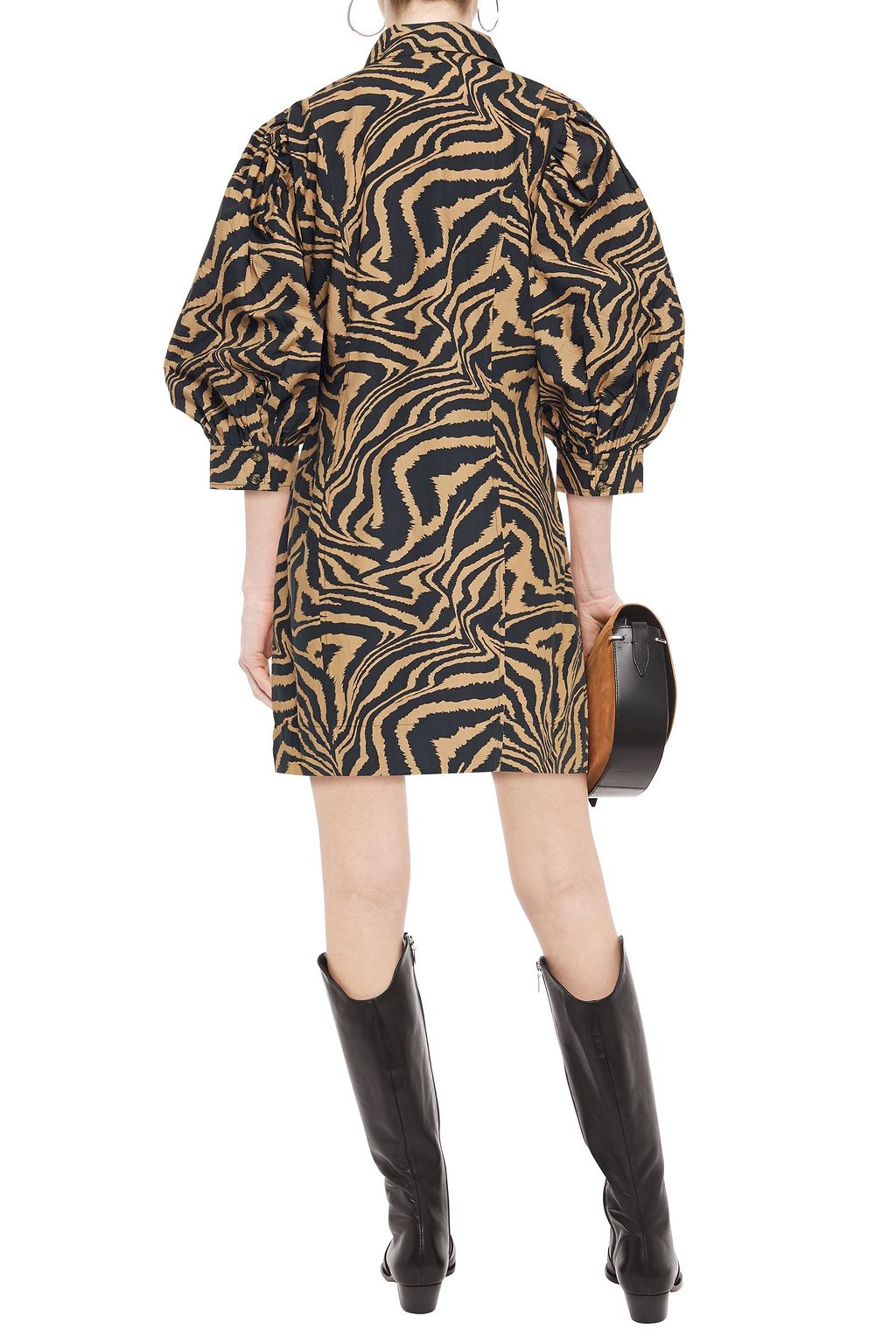 GANNI Gathered tiger-print cotton-poplin mini dress