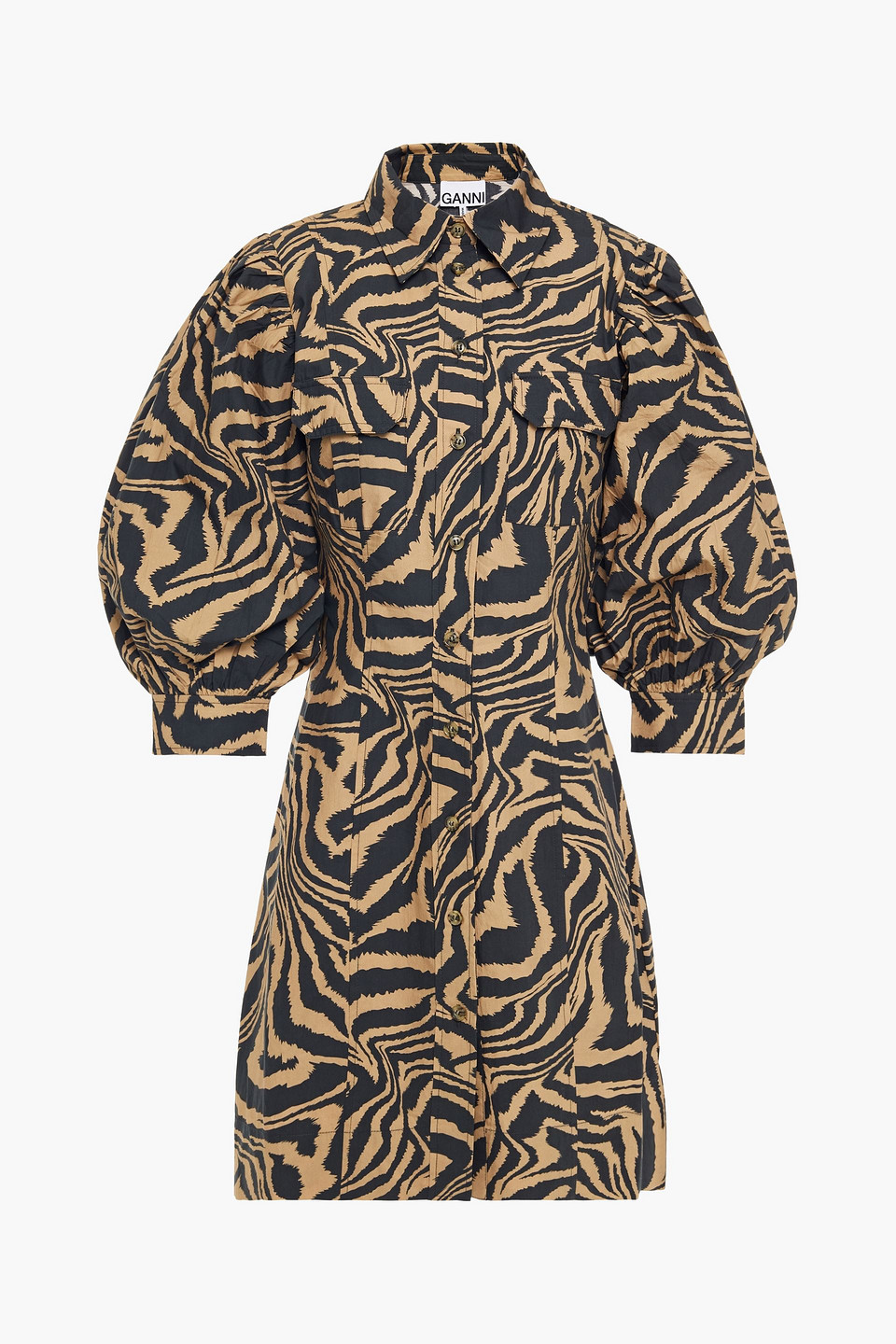 Ganni Woman Gathered Tiger-print Cotton-poplin Mini Dress Camel Size 32