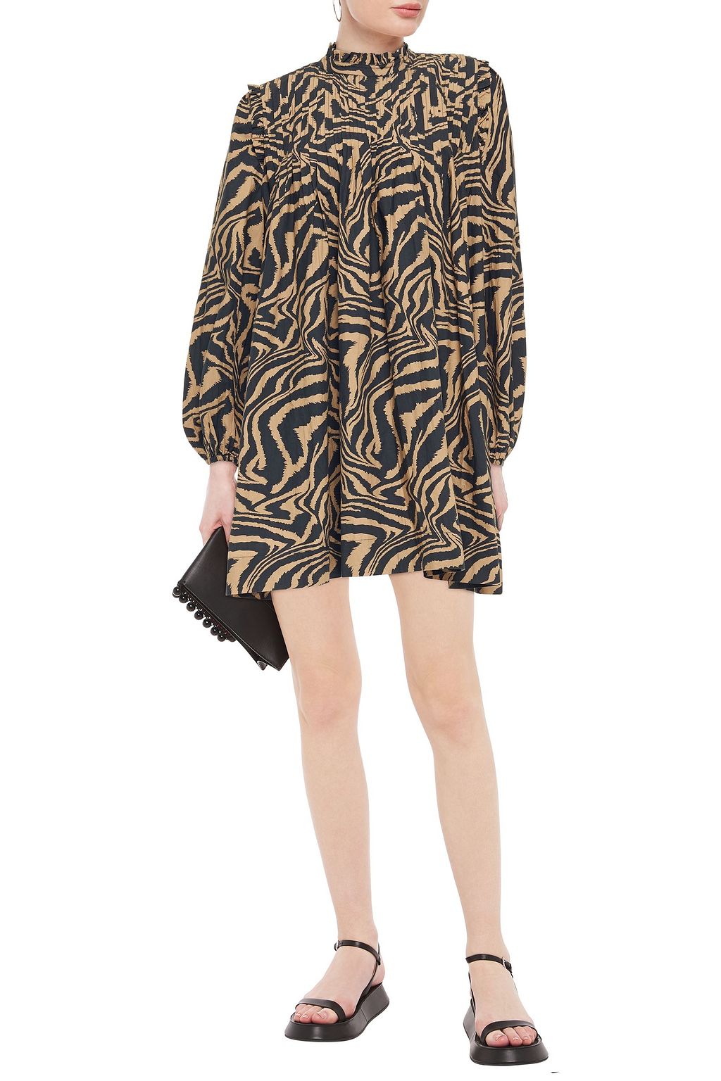 GANNI Pintucked tiger-print cotton-poplin mini dress