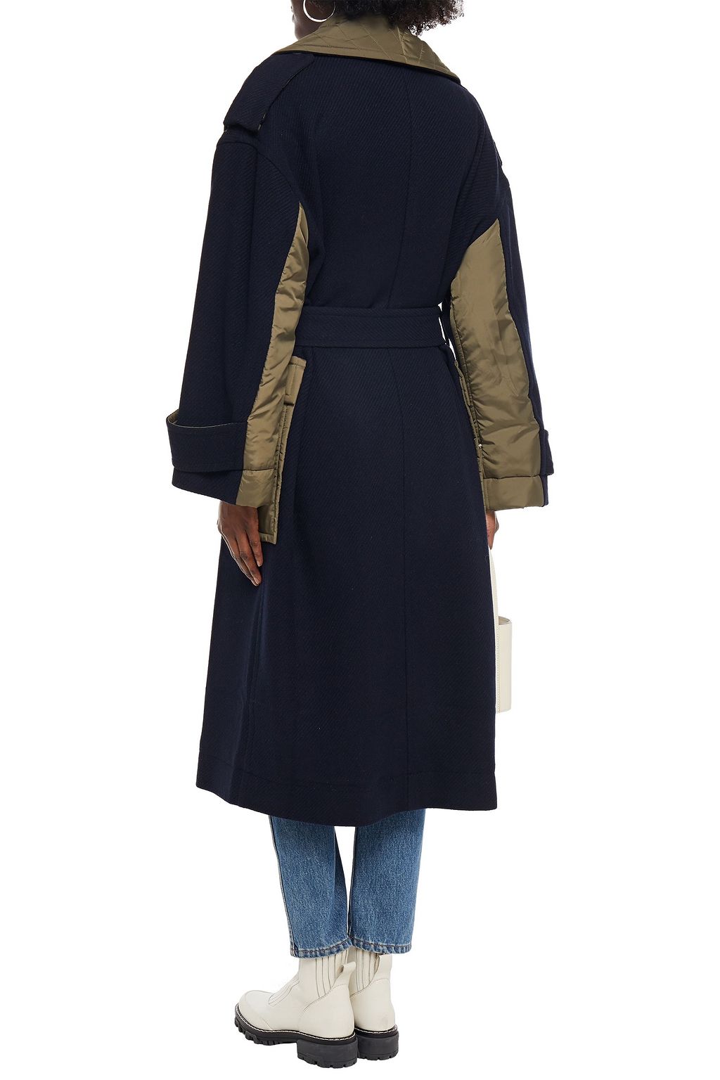 GANNI Shell-paneled belted wool-blend twill coat